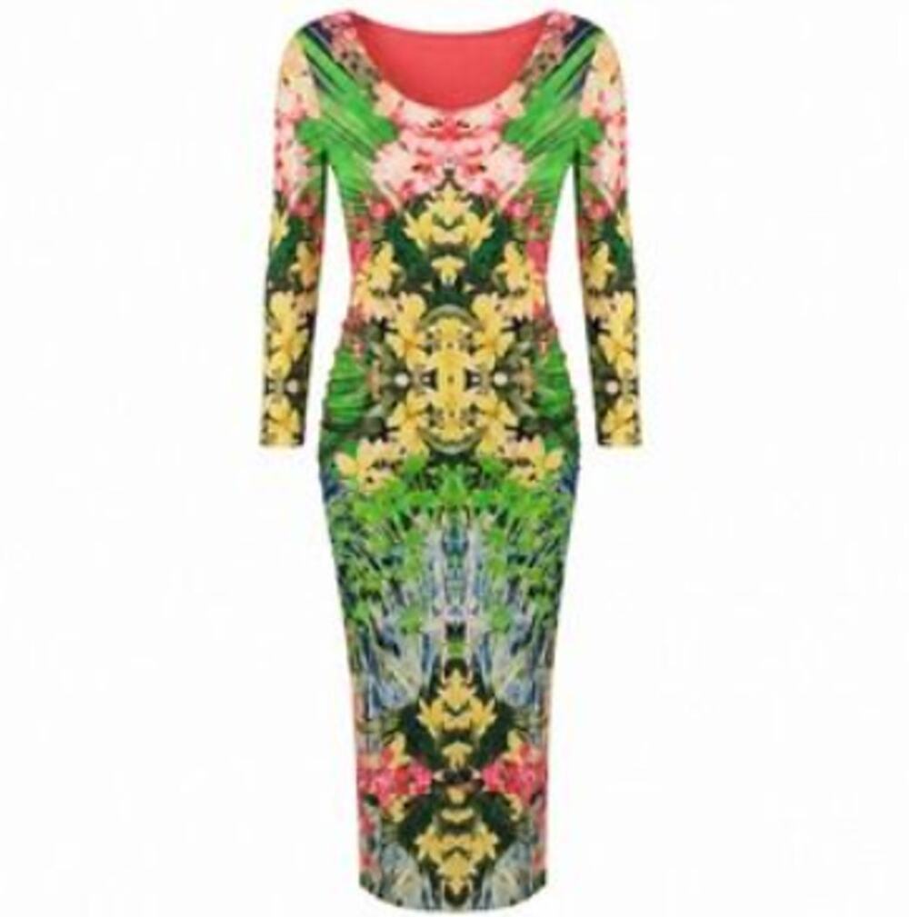 ELIE TAHARI bright floral stretch jersey silk 3/4 sleeve abstract midi dress